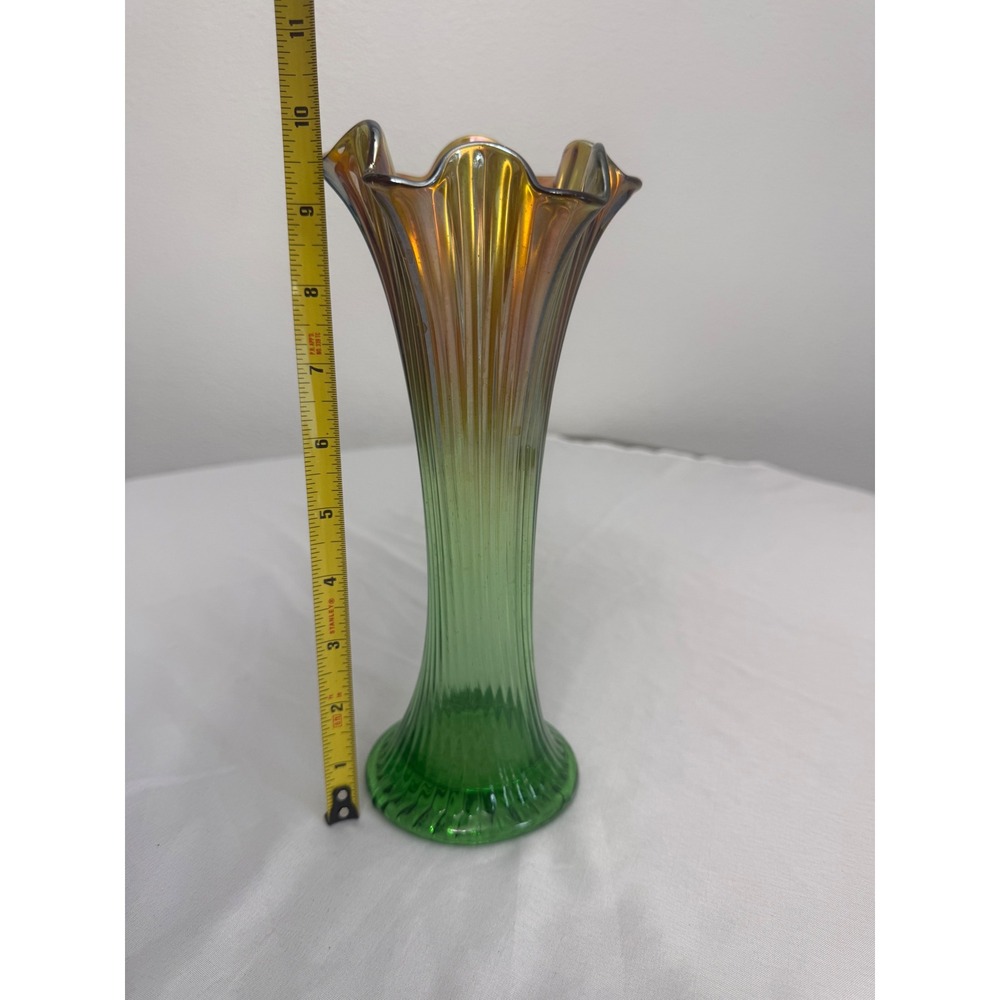 Vintage Green Iridescent Carnival Glass Swung Vase Ruffled Rim 10 Inch - Picture 2 of 2